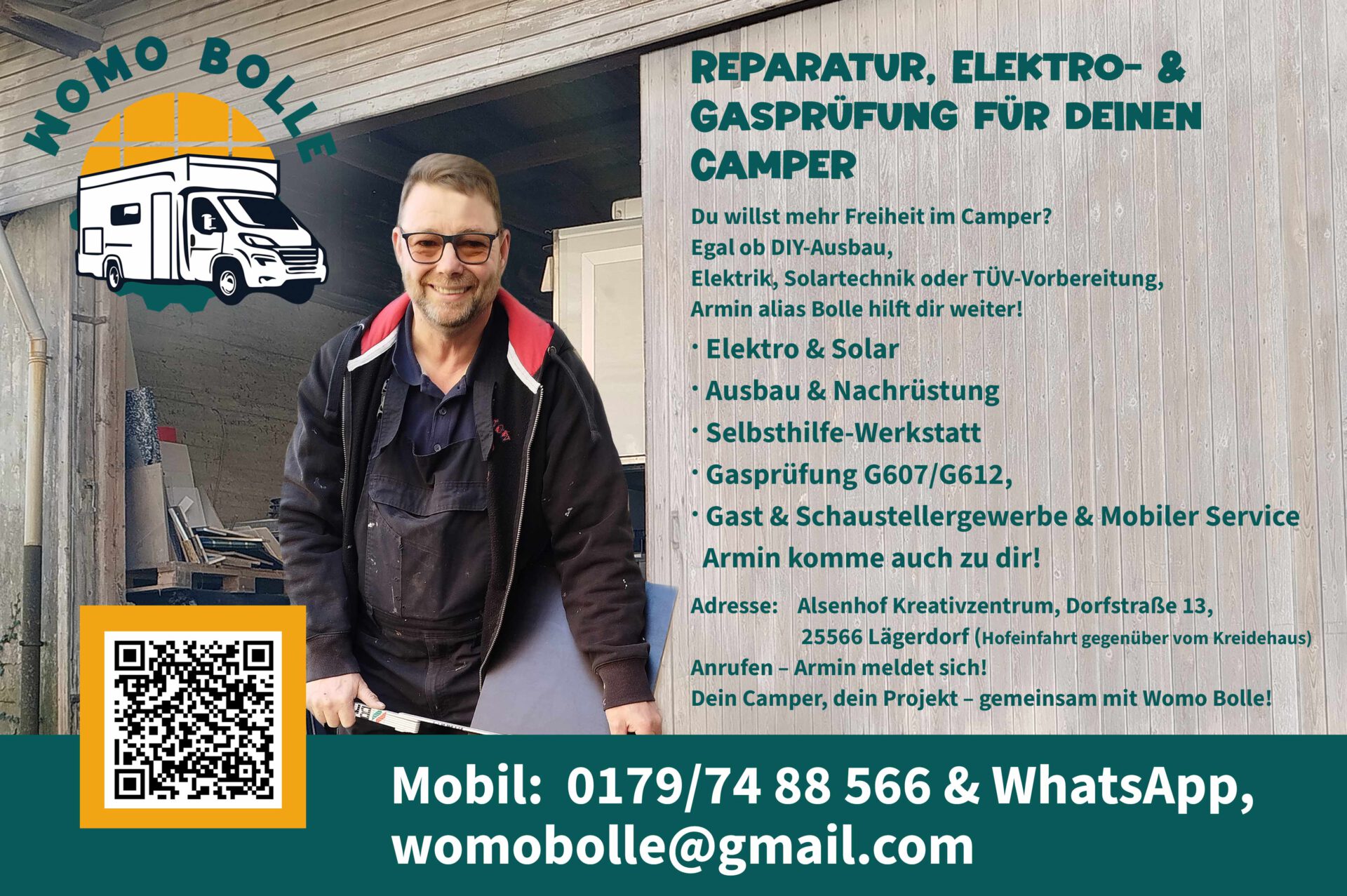 Womo Bolle. Reparaturen. Elektro und Gasprüfung für deinen Camper am Alsenhof Kreativzentrum