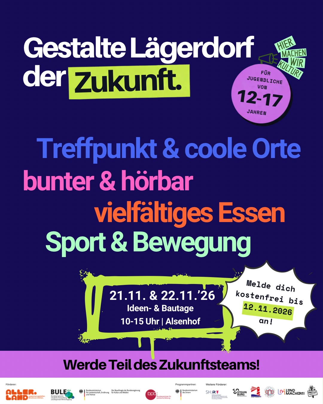 Flyer ZukunftsLabor Dorf: Ideen- und Bautage für Jugendliche am 21. und 22. November 2026 am Alsenhof